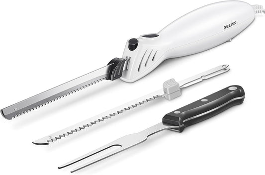 Electric Knife, Z3042 Electric Knife Set for Carving Meats, Poultry, Bread, Crafting Foam & More, 2 Blades for Meats & Bread, Fork Included (White)