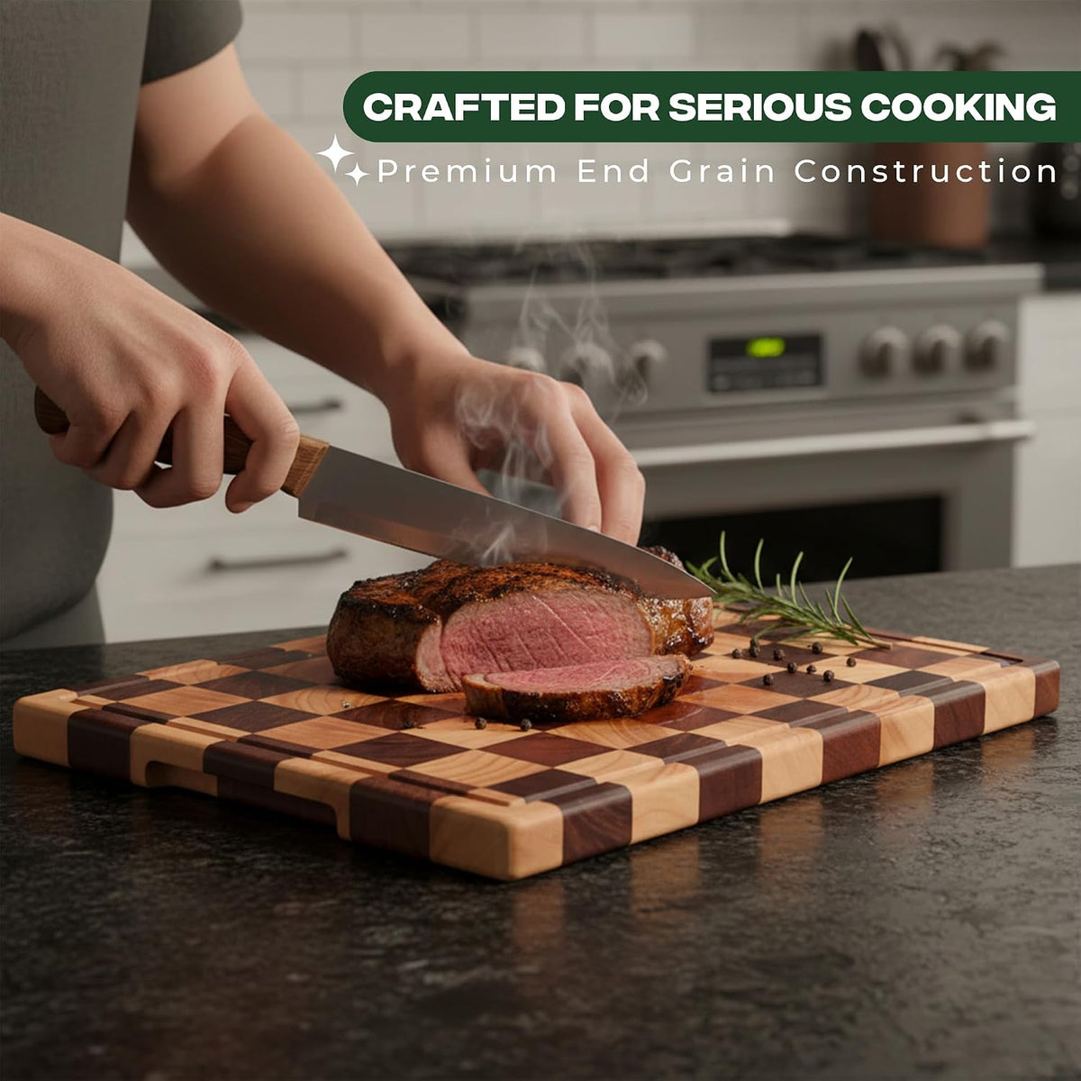 100% Organic Acacia Wood Cutting Board 16.5" x 11.6"–End Grain Checkered Wooden Cutting Board for Kitchen,Premium Butcher Block with Deep Juice Groove, Built-In Handle & Non-Slip Pads