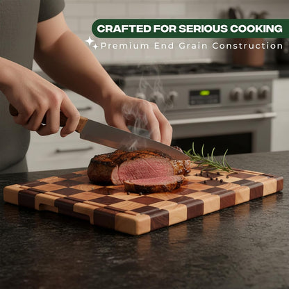100% Organic Acacia Wood Cutting Board 16.5" x 11.6"–End Grain Checkered Wooden Cutting Board for Kitchen,Premium Butcher Block with Deep Juice Groove, Built-In Handle & Non-Slip Pads
