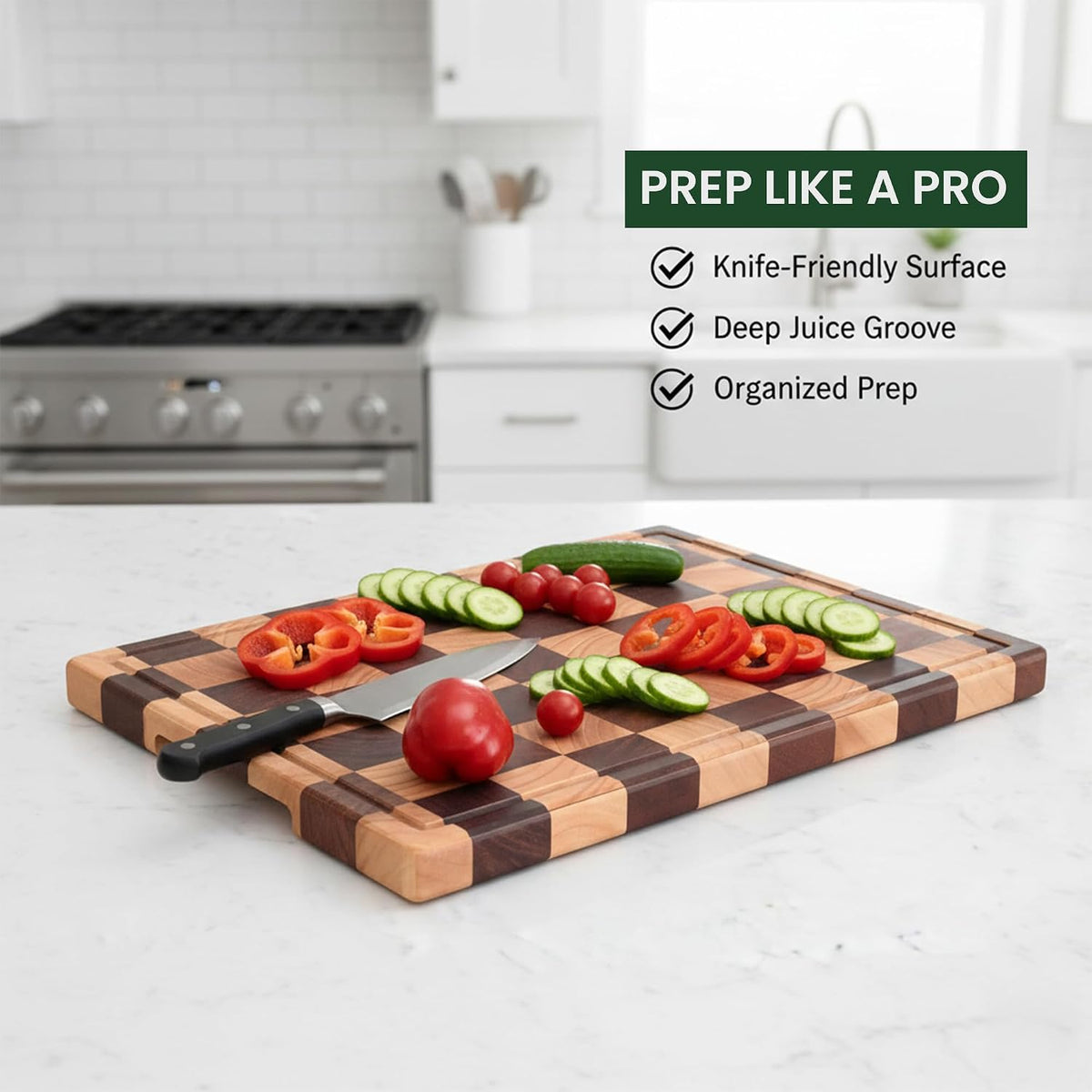 100% Organic Acacia Wood Cutting Board 16.5" x 11.6"–End Grain Checkered Wooden Cutting Board for Kitchen,Premium Butcher Block with Deep Juice Groove, Built-In Handle & Non-Slip Pads