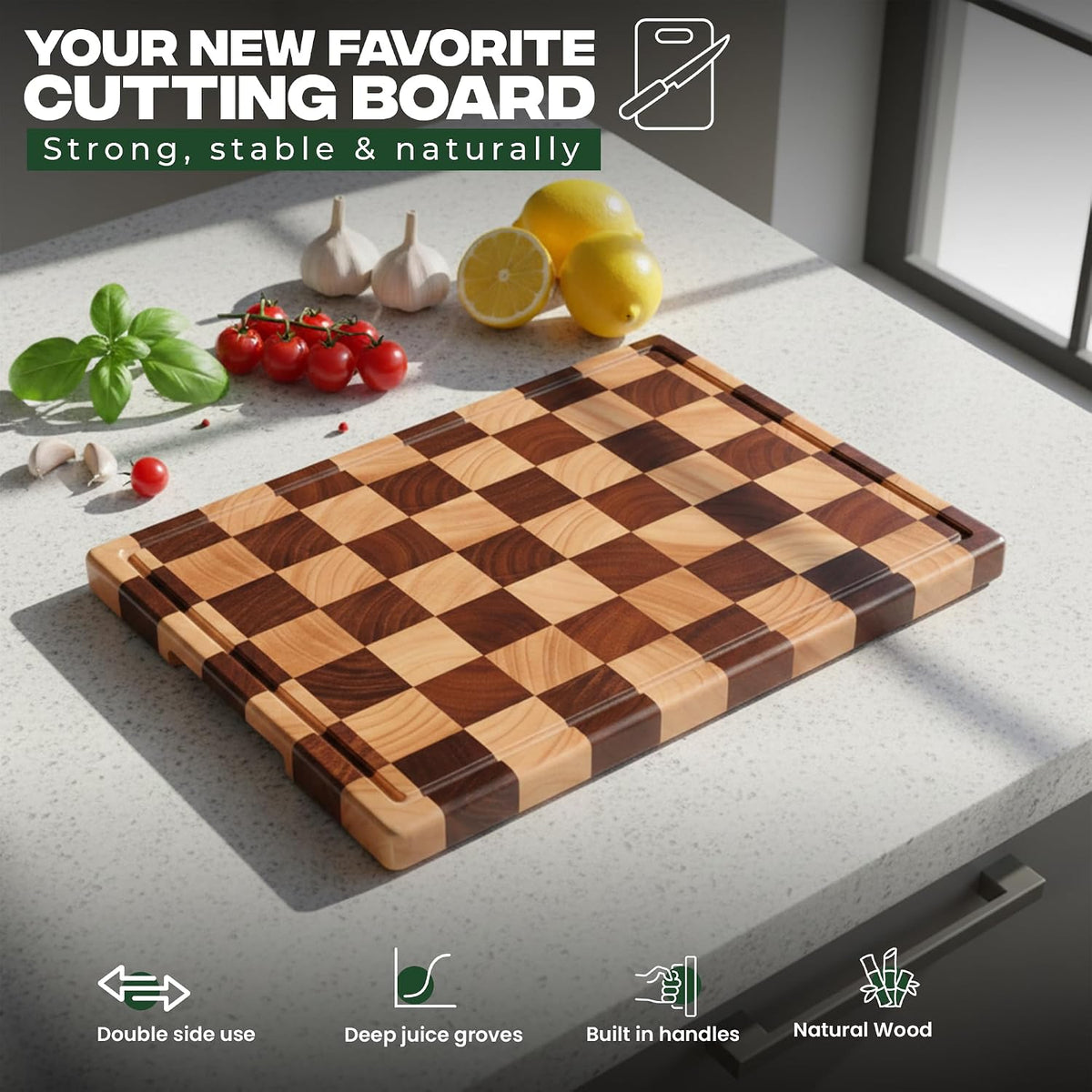 100% Organic Acacia Wood Cutting Board 16.5" x 11.6"–End Grain Checkered Wooden Cutting Board for Kitchen,Premium Butcher Block with Deep Juice Groove, Built-In Handle & Non-Slip Pads
