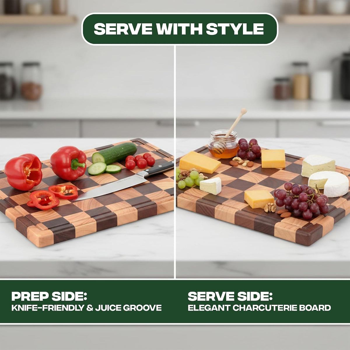 100% Organic Acacia Wood Cutting Board 16.5" x 11.6"–End Grain Checkered Wooden Cutting Board for Kitchen,Premium Butcher Block with Deep Juice Groove, Built-In Handle & Non-Slip Pads