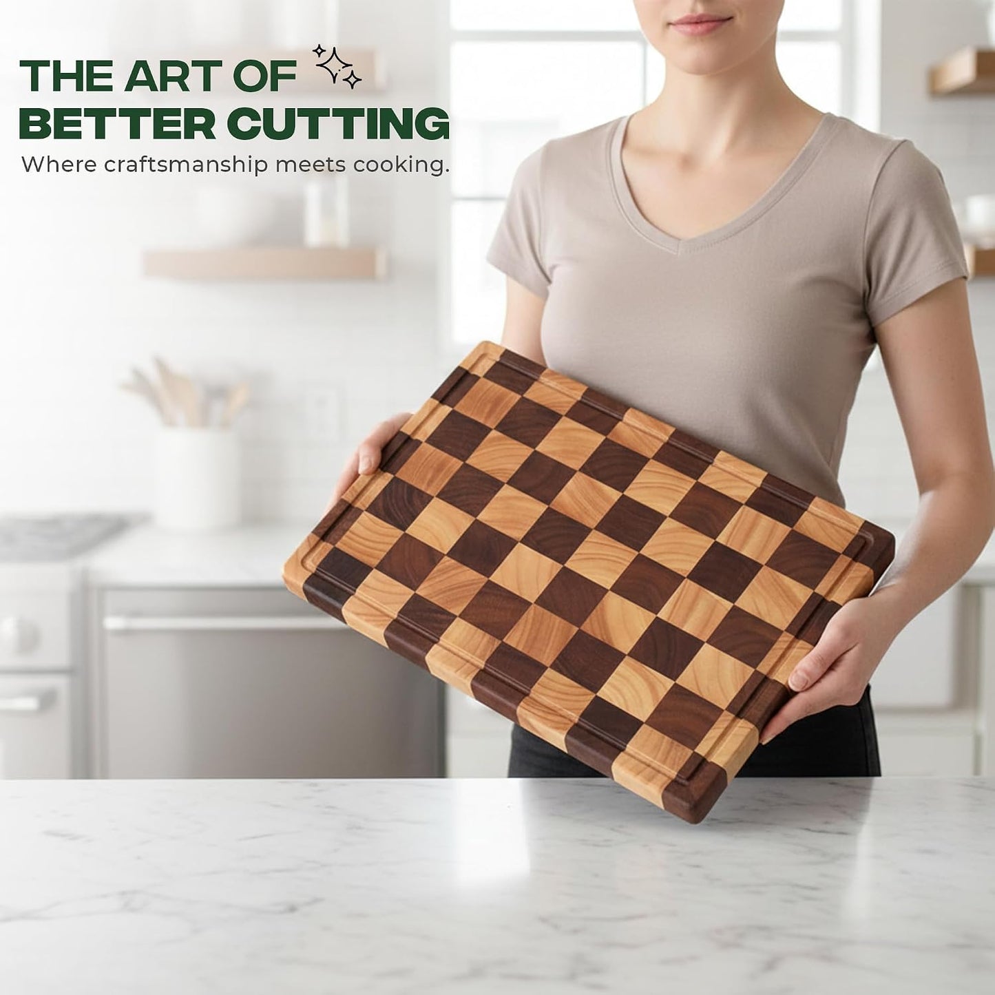 100% Organic Acacia Wood Cutting Board 16.5" x 11.6"–End Grain Checkered Wooden Cutting Board for Kitchen,Premium Butcher Block with Deep Juice Groove, Built-In Handle & Non-Slip Pads