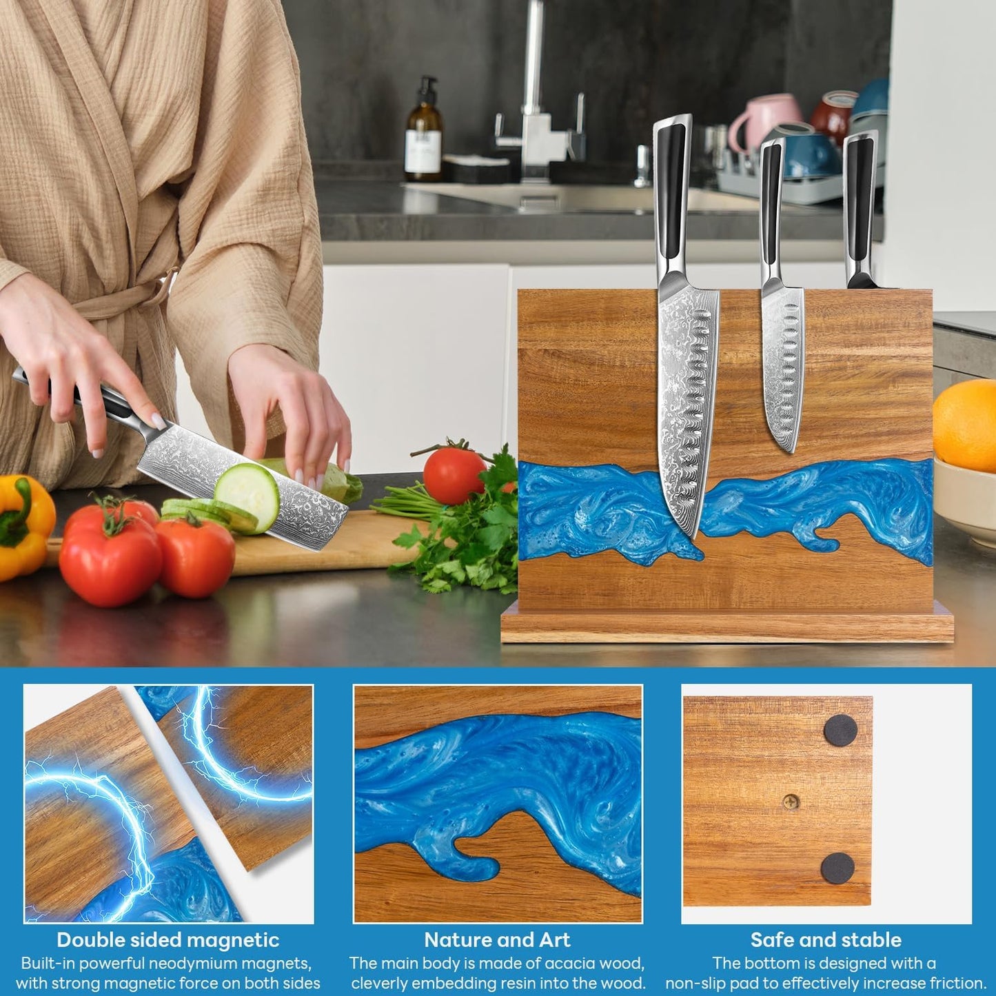 magnetic knife holder - Acacia wood Magnetic Knife Block, Magnetic Knife Storage with double-sided magnetic, blue resin river, 12.59 × 9.84 inches (Without knife)