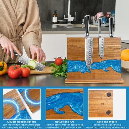 magnetic knife holder - Acacia wood Magnetic Knife Block, Magnetic Knife Storage with double-sided magnetic, blue resin river, 12.59 × 9.84 inches (Without knife)