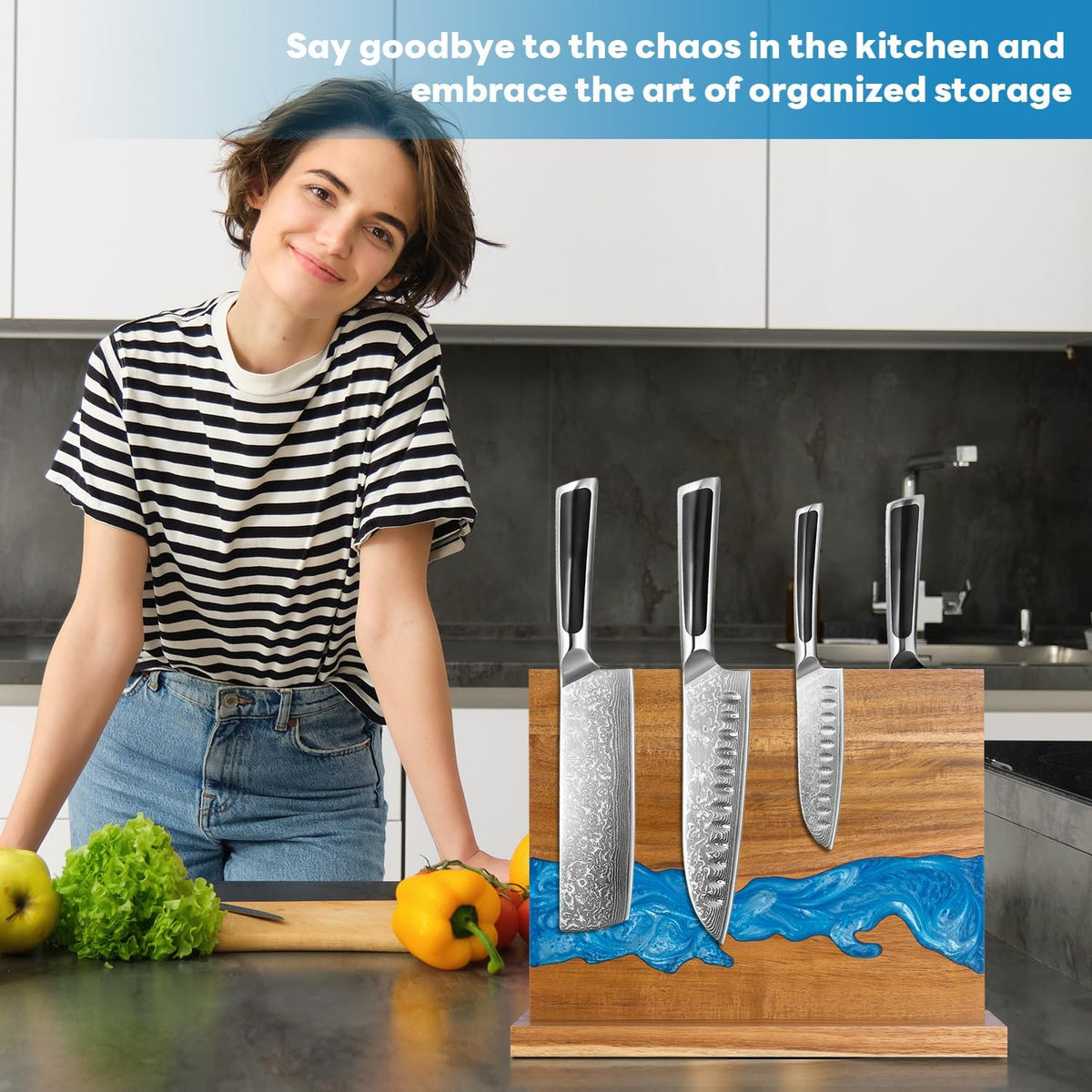 magnetic knife holder - Acacia wood Magnetic Knife Block, Magnetic Knife Storage with double-sided magnetic, blue resin river, 12.59 × 9.84 inches (Without knife)