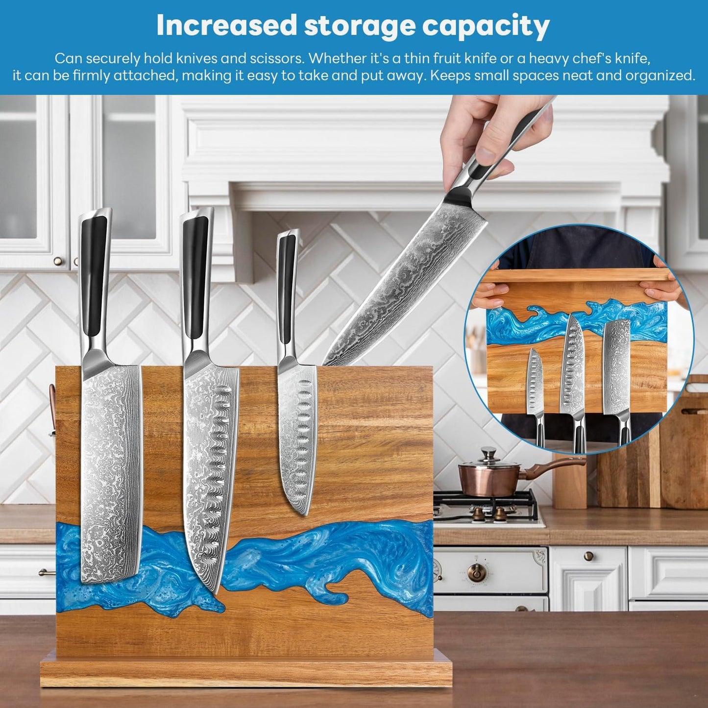 magnetic knife holder - Acacia wood Magnetic Knife Block, Magnetic Knife Storage with double-sided magnetic, blue resin river, 12.59 × 9.84 inches (Without knife)