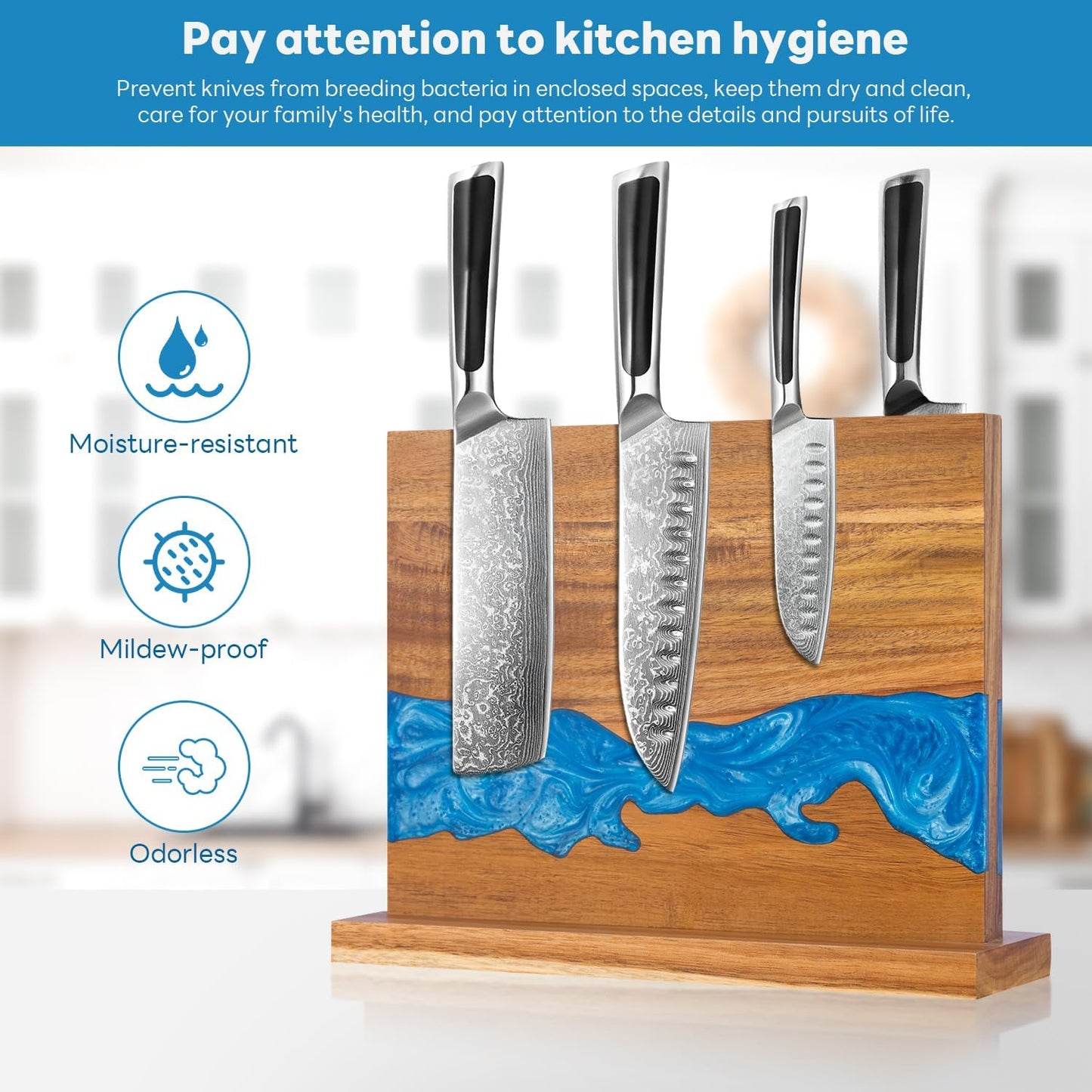 magnetic knife holder - Acacia wood Magnetic Knife Block, Magnetic Knife Storage with double-sided magnetic, blue resin river, 12.59 × 9.84 inches (Without knife)