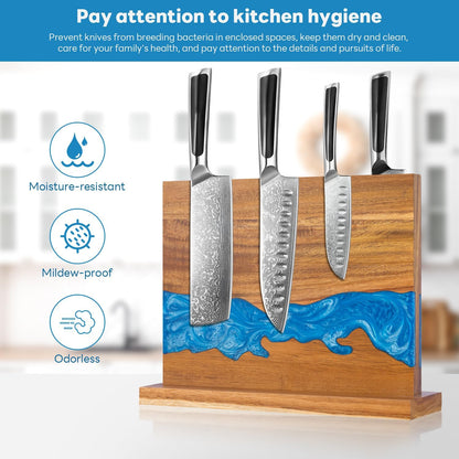 magnetic knife holder - Acacia wood Magnetic Knife Block, Magnetic Knife Storage with double-sided magnetic, blue resin river, 12.59 × 9.84 inches (Without knife)