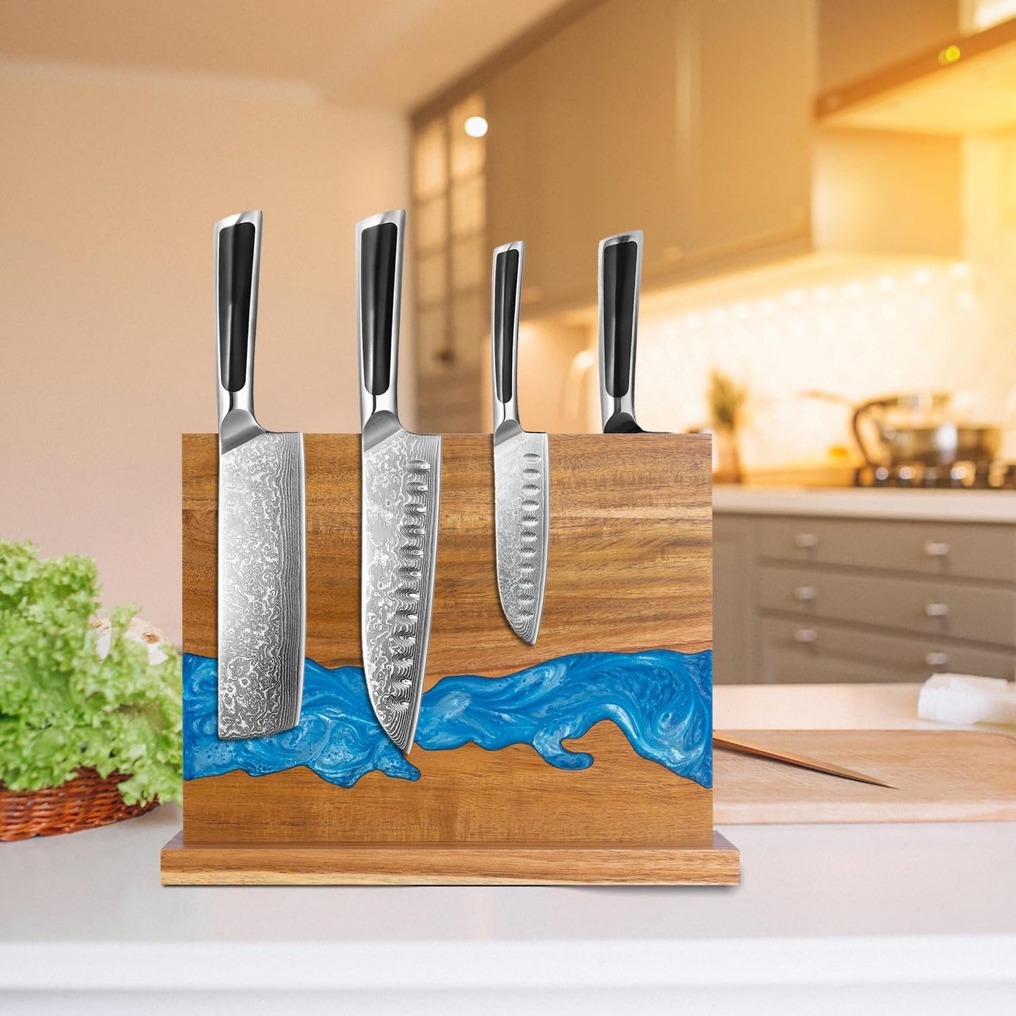 magnetic knife holder - Acacia wood Magnetic Knife Block, Magnetic Knife Storage with double-sided magnetic, blue resin river, 12.59 × 9.84 inches (Without knife)