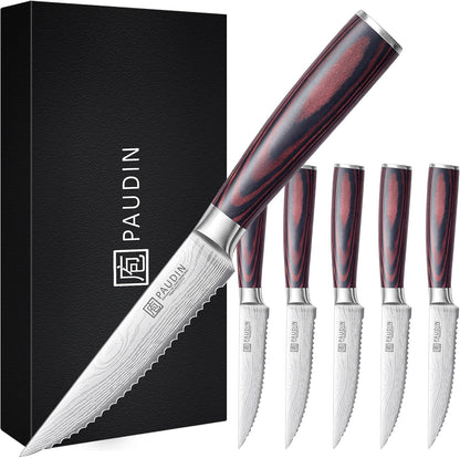 Steak Knives, Steak Knives Set of 6, Ultra Sharp 4.5 Inch Serrated Steak Knife, High Carbon Stainless Steel Steak Knife Set with Pakkawood Handle and Gift Box