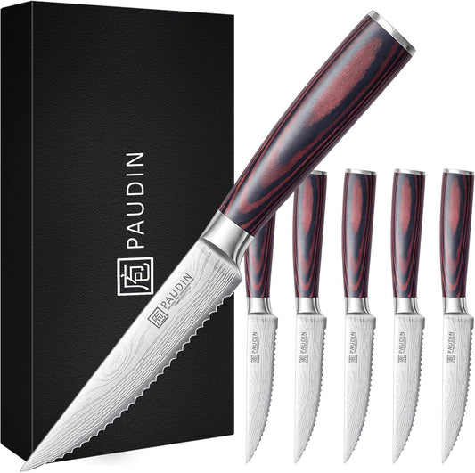 Steak Knives, Steak Knives Set of 6, Ultra Sharp 4.5 Inch Serrated Steak Knife, High Carbon Stainless Steel Steak Knife Set with Pakkawood Handle and Gift Box