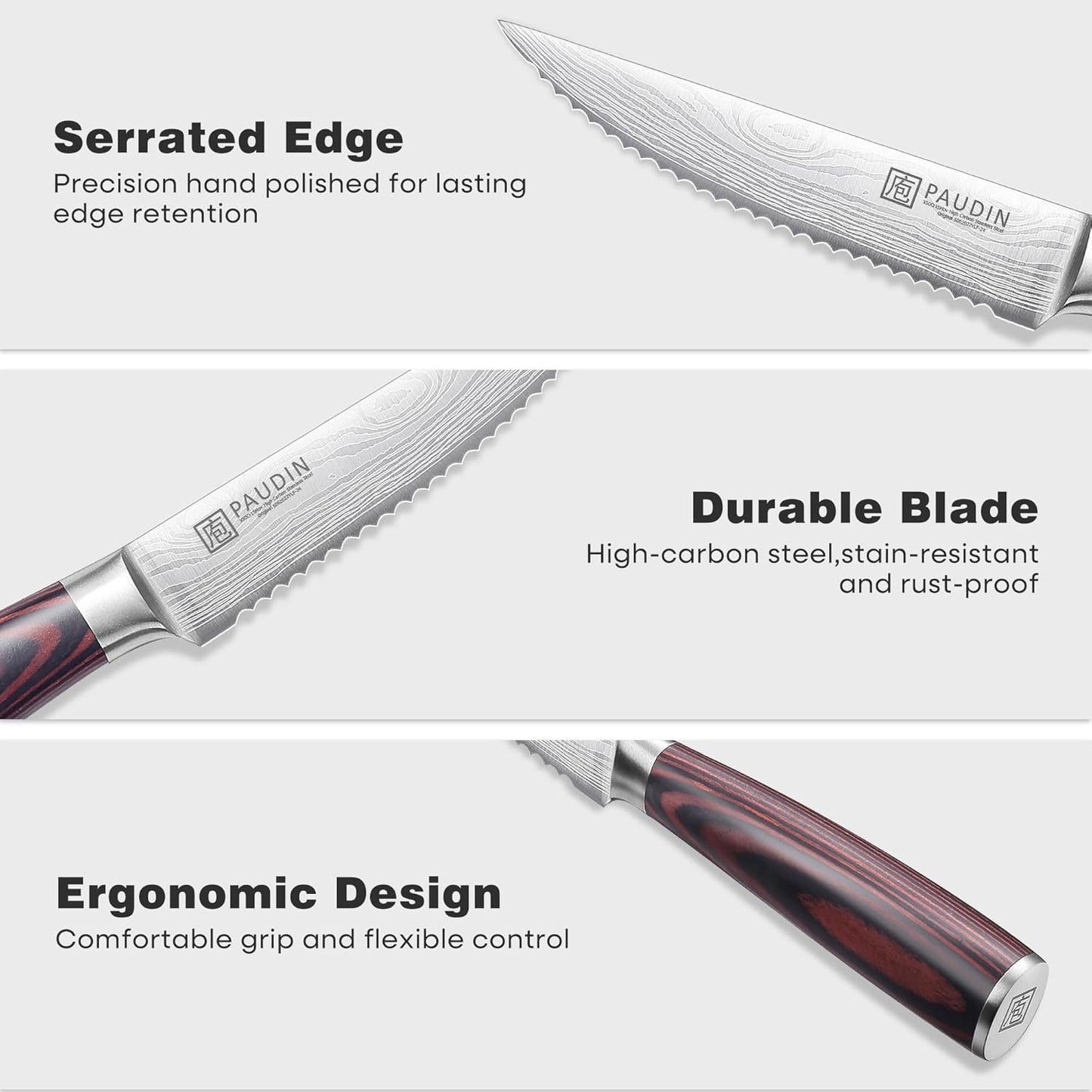 Steak Knives, Steak Knives Set of 6, Ultra Sharp 4.5 Inch Serrated Steak Knife, High Carbon Stainless Steel Steak Knife Set with Pakkawood Handle and Gift Box