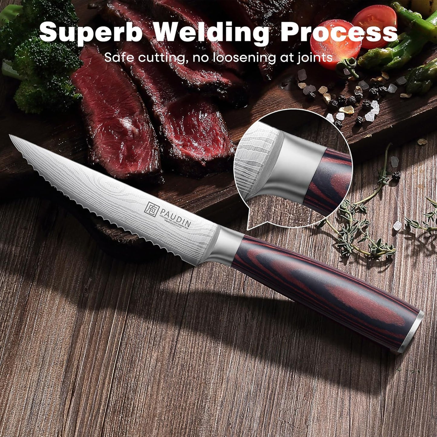 Steak Knives, Steak Knives Set of 6, Ultra Sharp 4.5 Inch Serrated Steak Knife, High Carbon Stainless Steel Steak Knife Set with Pakkawood Handle and Gift Box