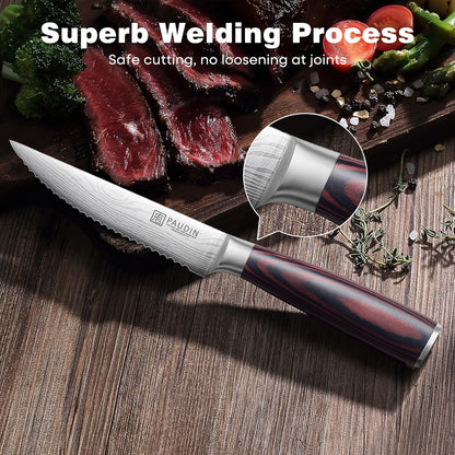 Steak Knives, Steak Knives Set of 6, Ultra Sharp 4.5 Inch Serrated Steak Knife, High Carbon Stainless Steel Steak Knife Set with Pakkawood Handle and Gift Box