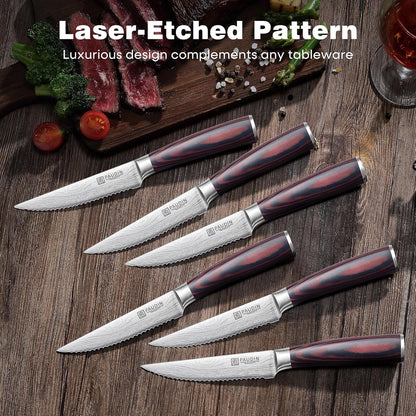 Steak Knives, Steak Knives Set of 6, Ultra Sharp 4.5 Inch Serrated Steak Knife, High Carbon Stainless Steel Steak Knife Set with Pakkawood Handle and Gift Box