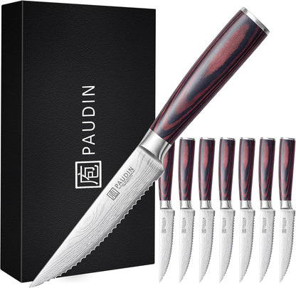 Steak Knives, Steak Knives Set of 6, Ultra Sharp 4.5 Inch Serrated Steak Knife, High Carbon Stainless Steel Steak Knife Set with Pakkawood Handle and Gift Box