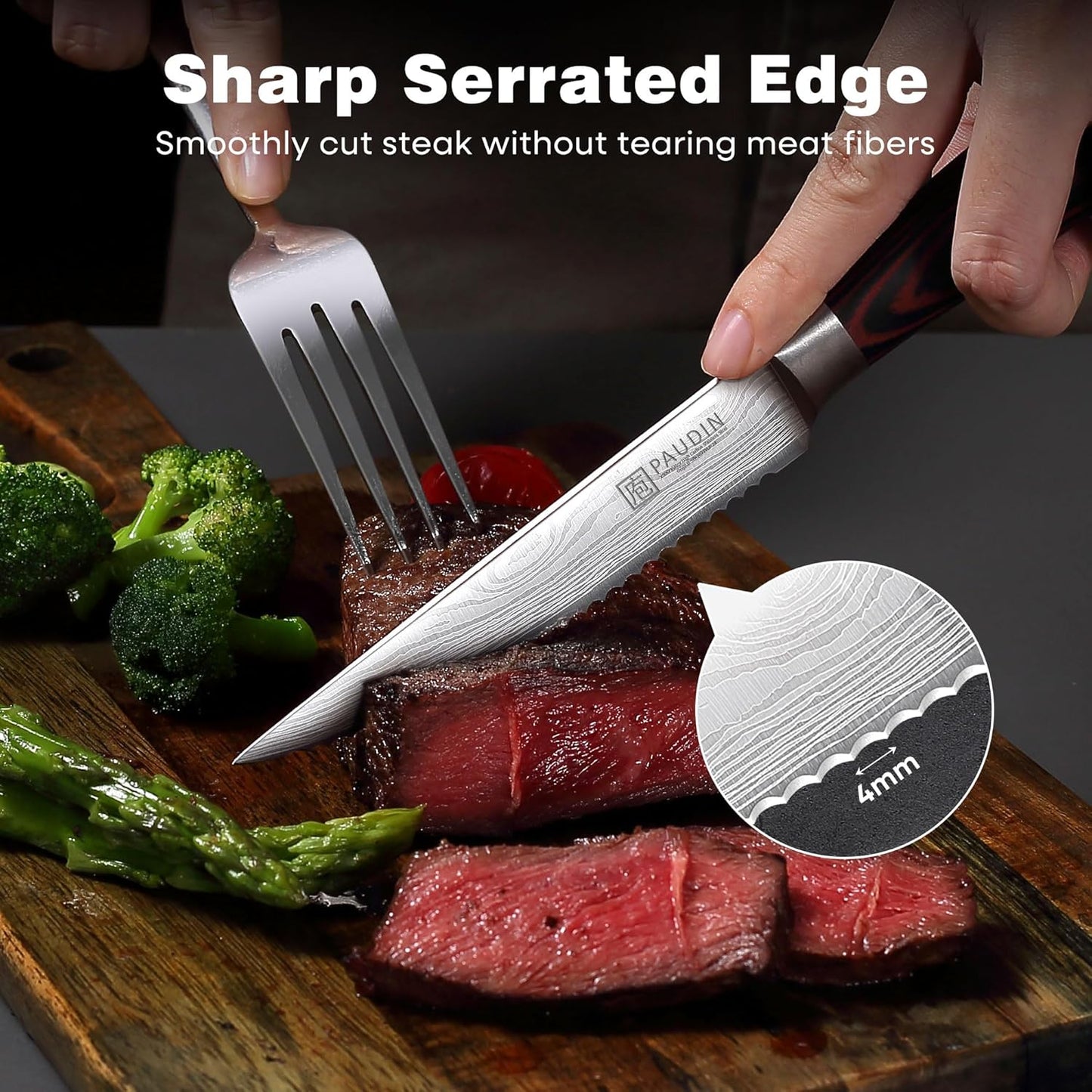 Steak Knives, Steak Knives Set of 6, Ultra Sharp 4.5 Inch Serrated Steak Knife, High Carbon Stainless Steel Steak Knife Set with Pakkawood Handle and Gift Box