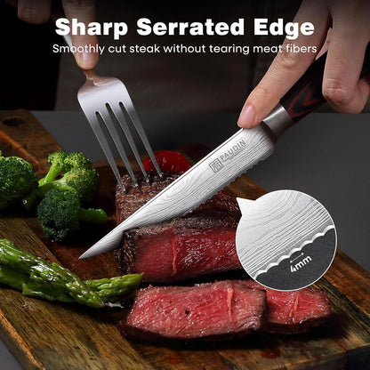 Steak Knives, Steak Knives Set of 6, Ultra Sharp 4.5 Inch Serrated Steak Knife, High Carbon Stainless Steel Steak Knife Set with Pakkawood Handle and Gift Box