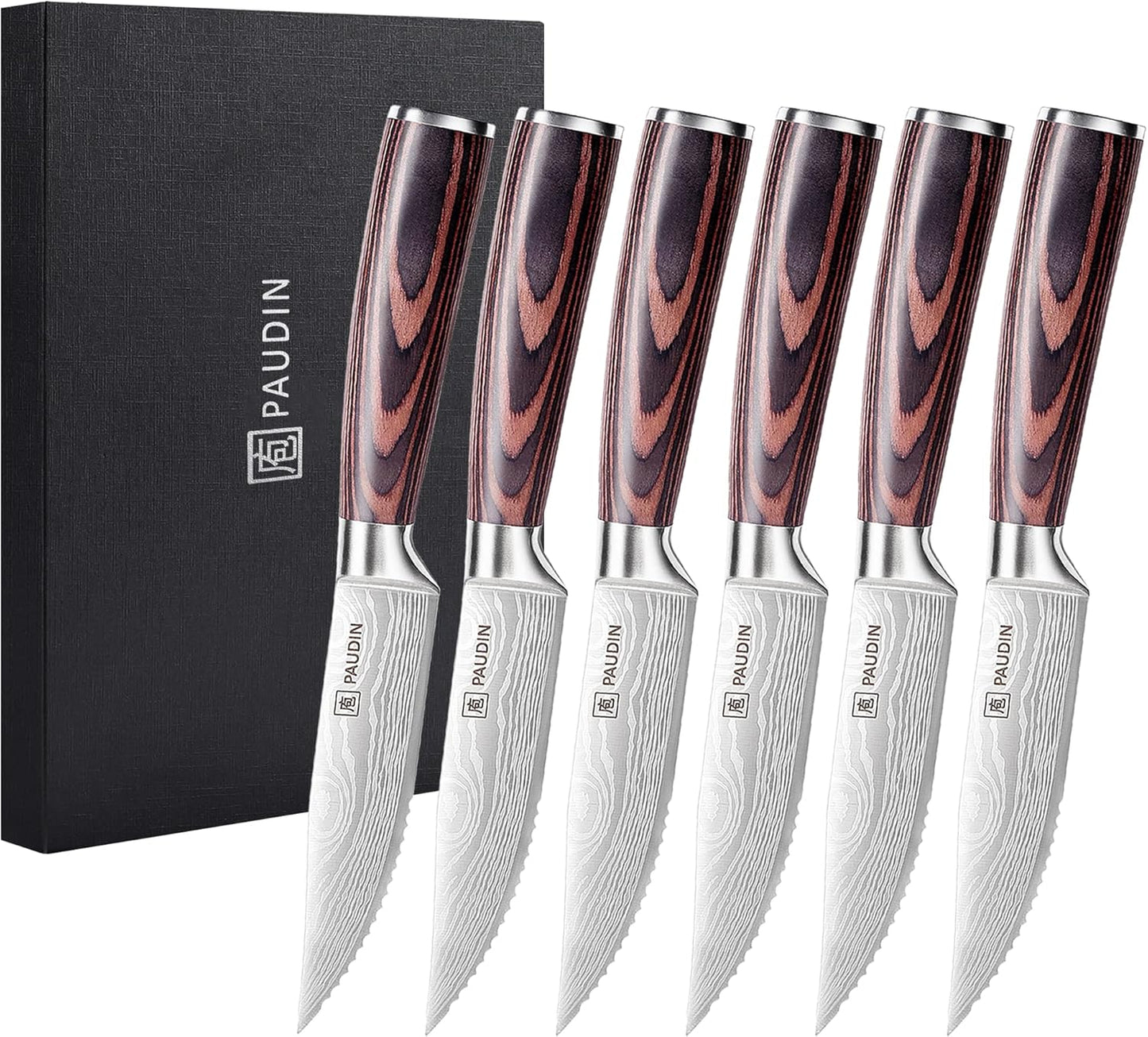 Steak Knives, Steak Knives Set of 6, Ultra Sharp 4.5 Inch Serrated Steak Knife, High Carbon Stainless Steel Steak Knife Set with Pakkawood Handle and Gift Box