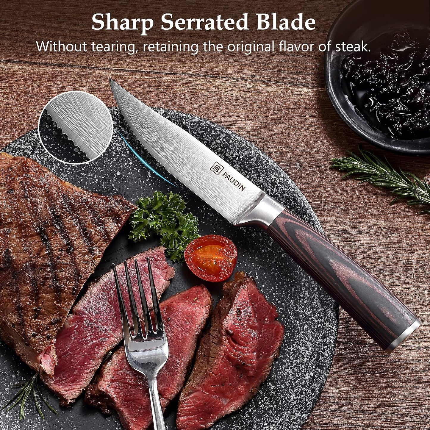 Steak Knives, Steak Knives Set of 6, Ultra Sharp 4.5 Inch Serrated Steak Knife, High Carbon Stainless Steel Steak Knife Set with Pakkawood Handle and Gift Box