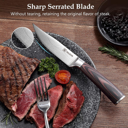 Steak Knives, Steak Knives Set of 6, Ultra Sharp 4.5 Inch Serrated Steak Knife, High Carbon Stainless Steel Steak Knife Set with Pakkawood Handle and Gift Box