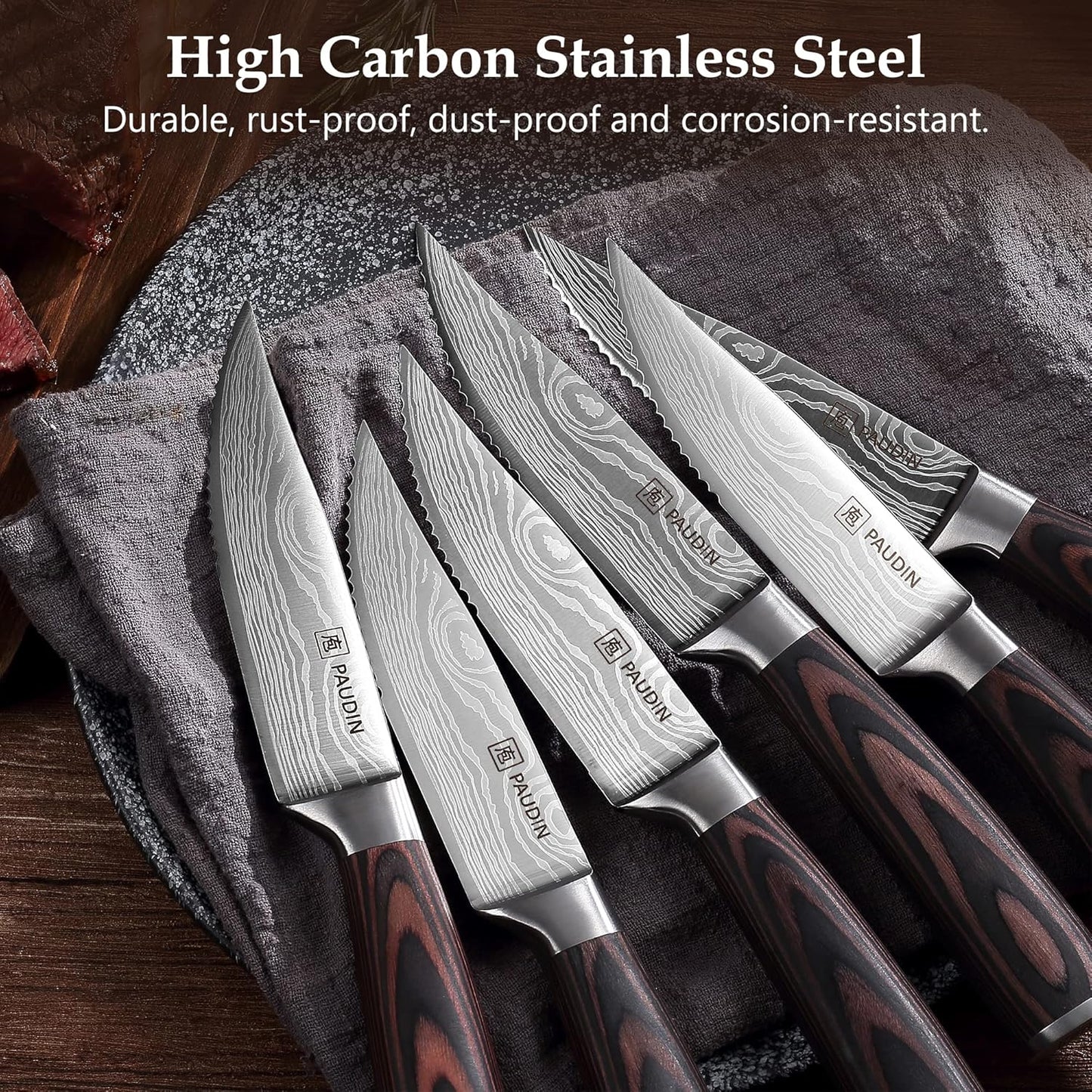 Steak Knives, Steak Knives Set of 6, Ultra Sharp 4.5 Inch Serrated Steak Knife, High Carbon Stainless Steel Steak Knife Set with Pakkawood Handle and Gift Box