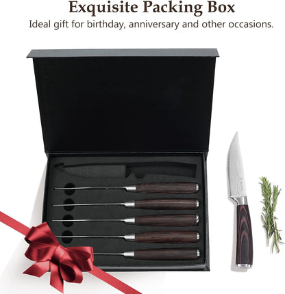 Steak Knives, Steak Knives Set of 6, Ultra Sharp 4.5 Inch Serrated Steak Knife, High Carbon Stainless Steel Steak Knife Set with Pakkawood Handle and Gift Box