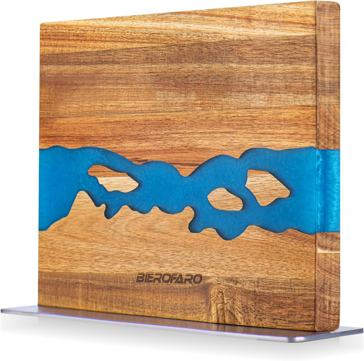 Magnetic Knife Block with Steel Base, Double‑Sided Knife Holder Made of Acacia Wood for Chef Knives, Modern Kitchen Countertop Organizer, Blue Resin River Design
