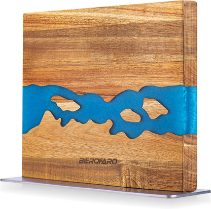 Magnetic Knife Block with Steel Base, Double‑Sided Knife Holder Made of Acacia Wood for Chef Knives, Modern Kitchen Countertop Organizer, Blue Resin River Design
