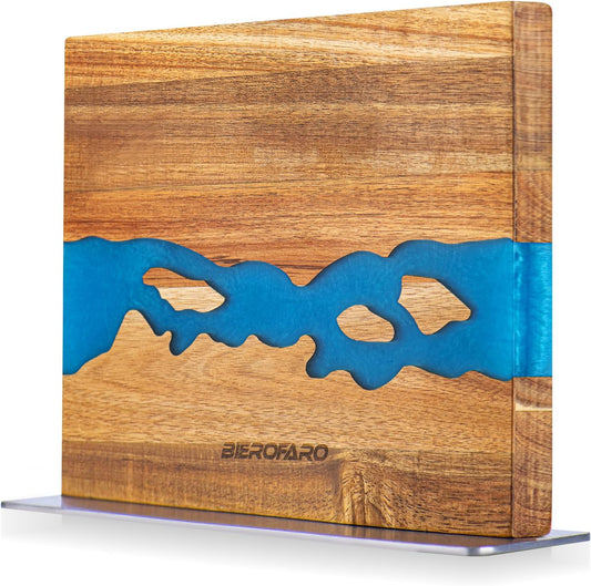 Magnetic Knife Block with Steel Base, Double‑Sided Knife Holder Made of Acacia Wood for Chef Knives, Modern Kitchen Countertop Organizer, Blue Resin River Design