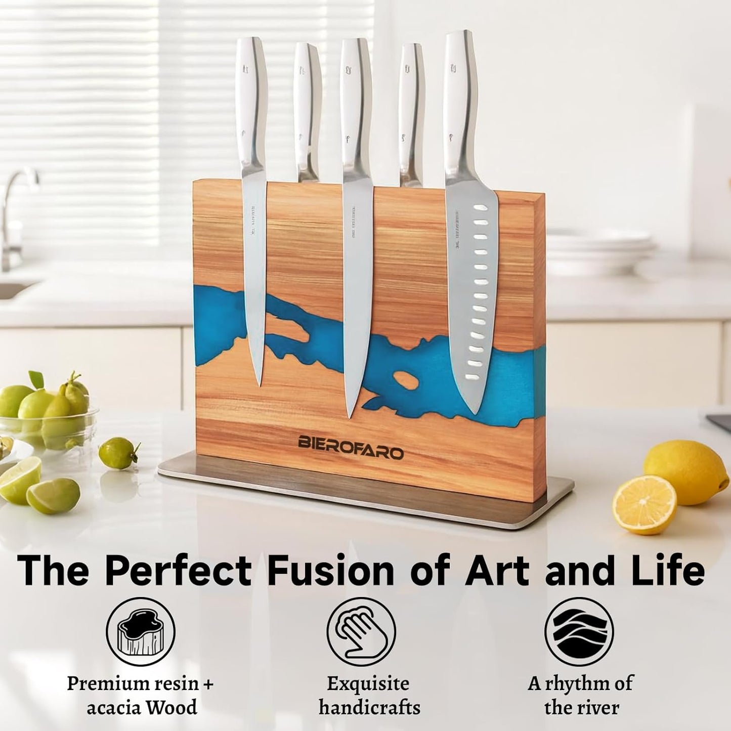 Magnetic Knife Block with Steel Base, Double‑Sided Knife Holder Made of Acacia Wood for Chef Knives, Modern Kitchen Countertop Organizer, Blue Resin River Design