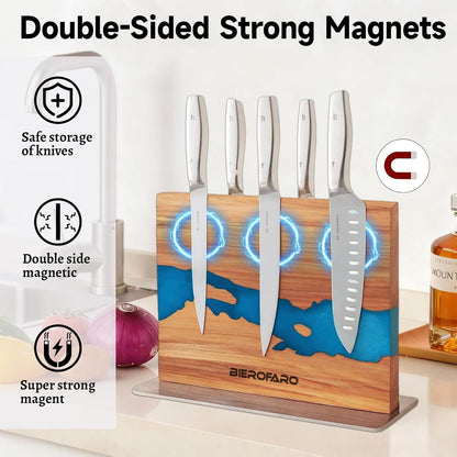 Magnetic Knife Block with Steel Base, Double‑Sided Knife Holder Made of Acacia Wood for Chef Knives, Modern Kitchen Countertop Organizer, Blue Resin River Design