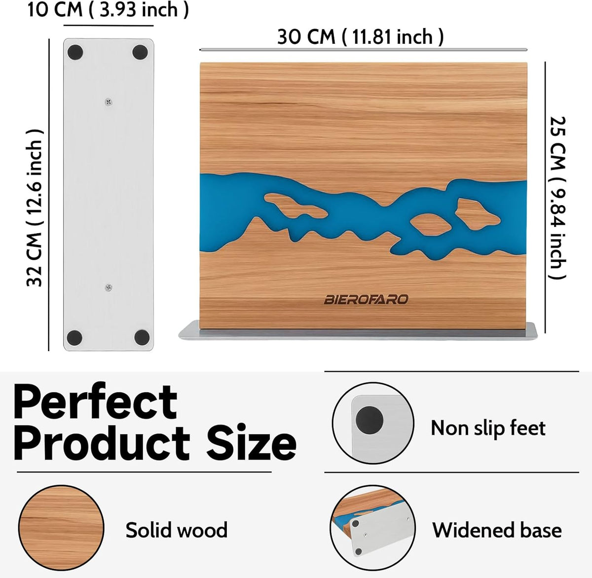 Magnetic Knife Block with Steel Base, Double‑Sided Knife Holder Made of Acacia Wood for Chef Knives, Modern Kitchen Countertop Organizer, Blue Resin River Design