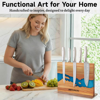 Magnetic Knife Block with Steel Base, Double‑Sided Knife Holder Made of Acacia Wood for Chef Knives, Modern Kitchen Countertop Organizer, Blue Resin River Design