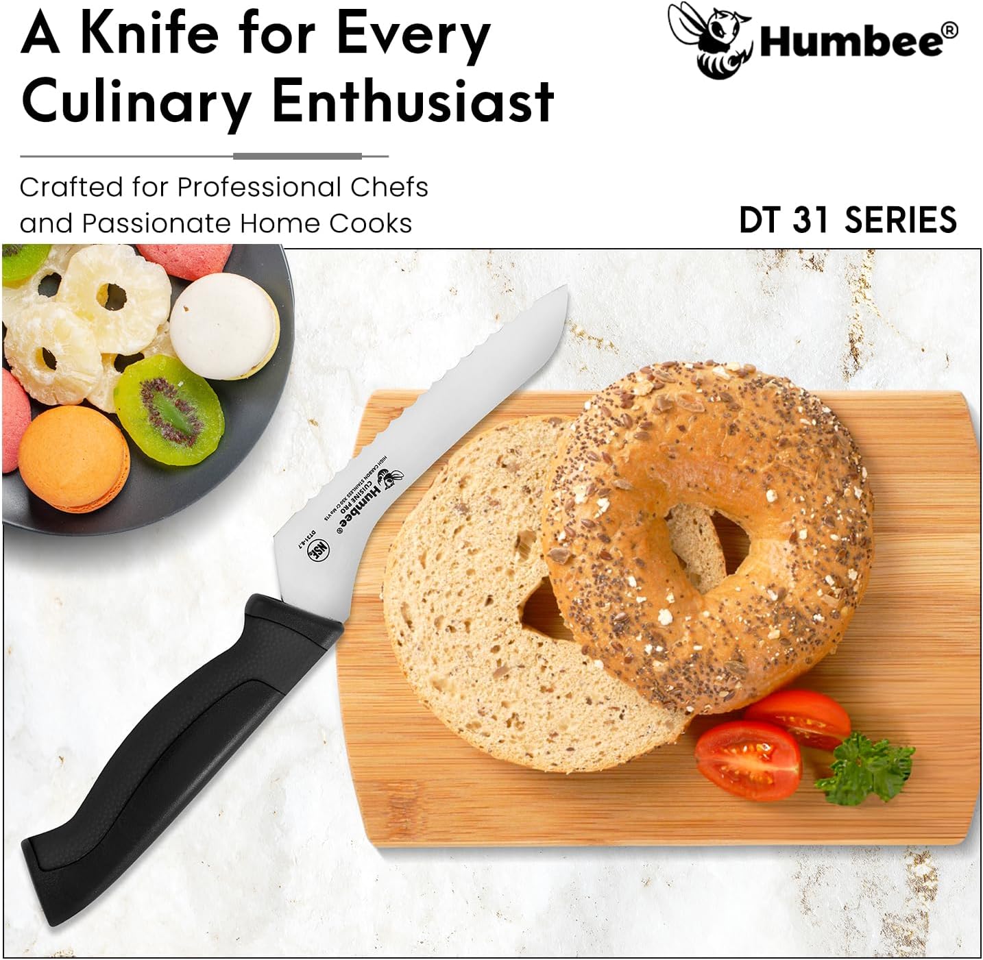 8-Inch Offset Serrated Bread Knife, Premium High Carbon Stainless Steel Blade Knife for Bread with Ergonomic Handle, NSF Certified, DT-31 Series, Black