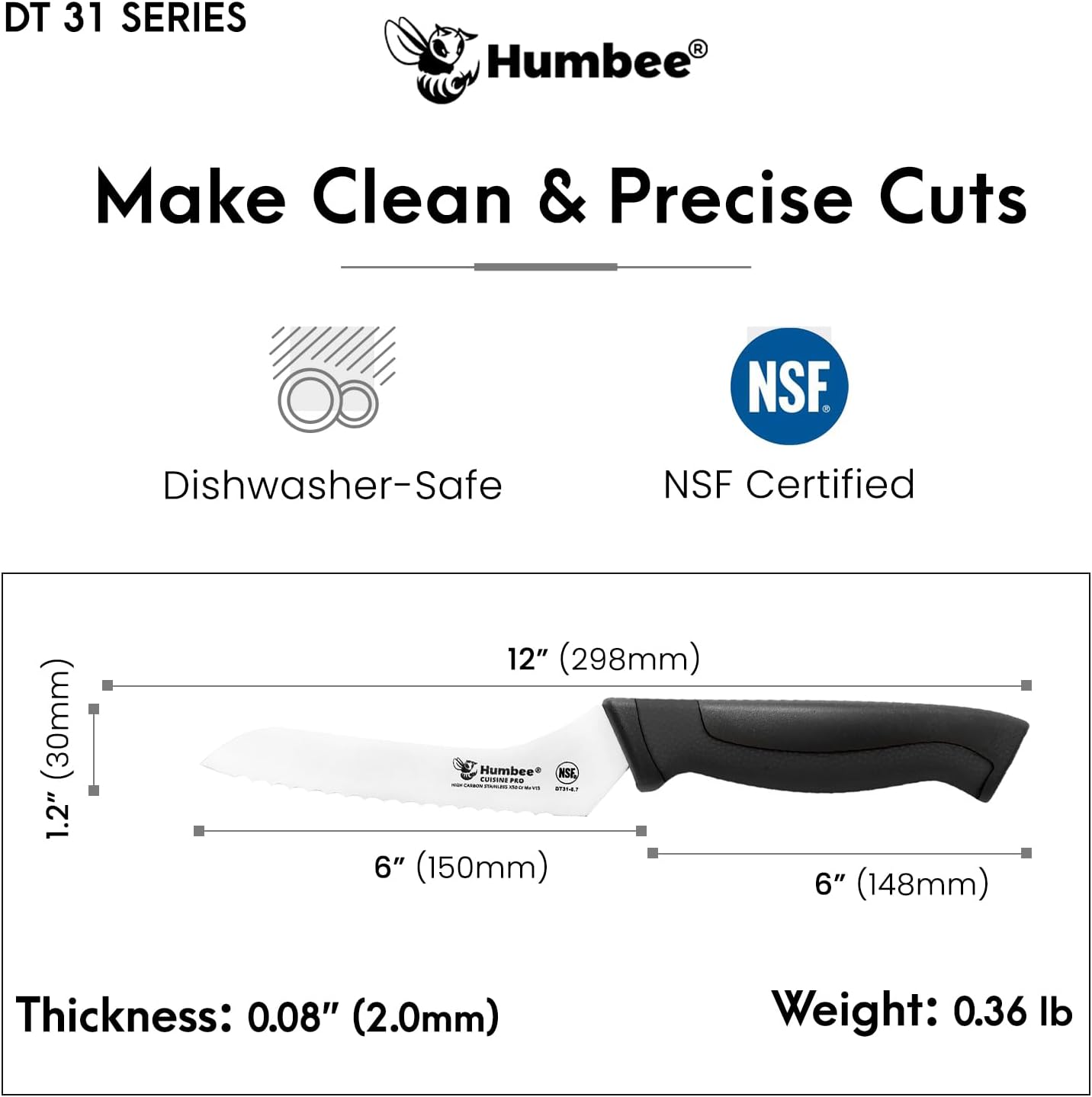 8-Inch Offset Serrated Bread Knife, Premium High Carbon Stainless Steel Blade Knife for Bread with Ergonomic Handle, NSF Certified, DT-31 Series, Black