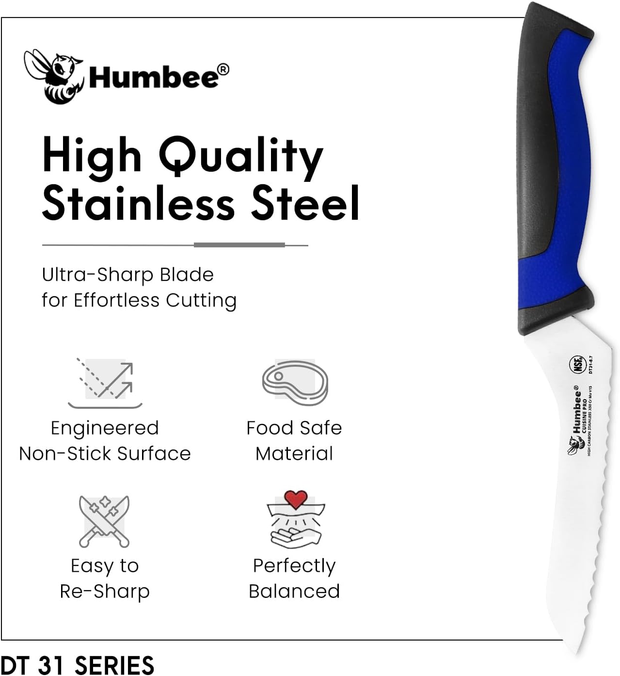8-Inch Offset Serrated Bread Knife, Premium High Carbon Stainless Steel Blade Knife for Bread with Ergonomic Handle, NSF Certified, DT-31 Series, Black