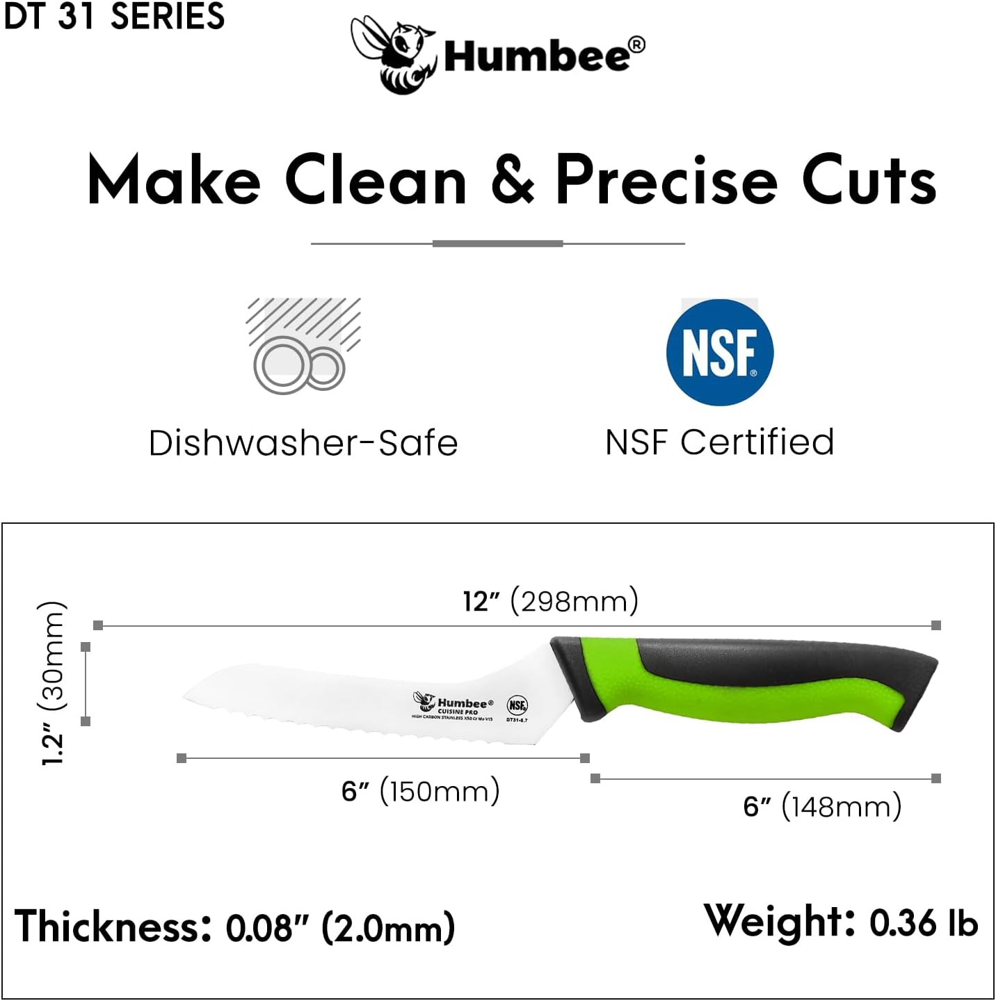 8-Inch Offset Serrated Bread Knife, Premium High Carbon Stainless Steel Blade Knife for Bread with Ergonomic Handle, NSF Certified, DT-31 Series, Black