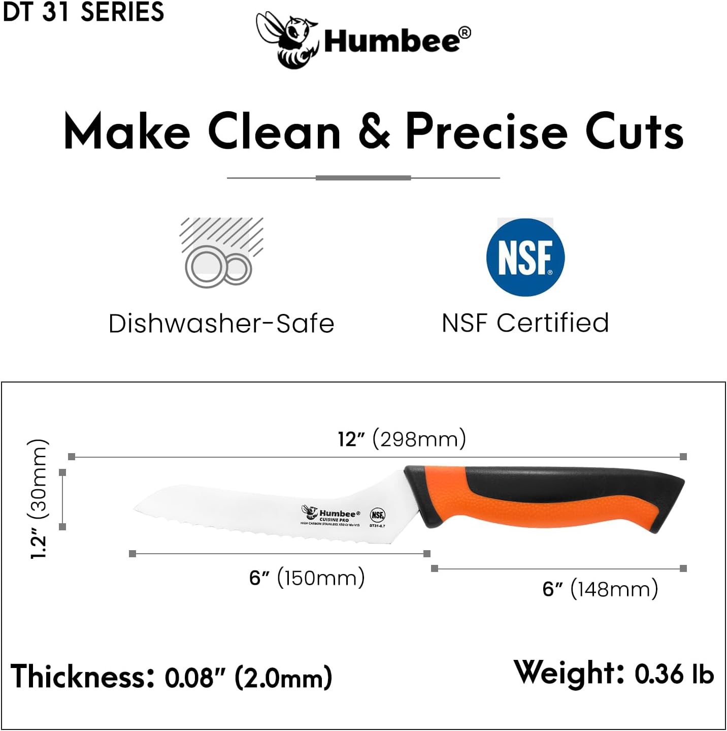 8-Inch Offset Serrated Bread Knife, Premium High Carbon Stainless Steel Blade Knife for Bread with Ergonomic Handle, NSF Certified, DT-31 Series, Black