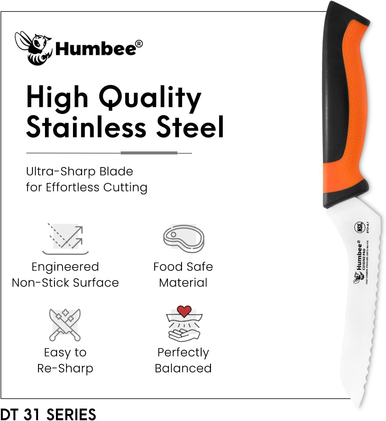 8-Inch Offset Serrated Bread Knife, Premium High Carbon Stainless Steel Blade Knife for Bread with Ergonomic Handle, NSF Certified, DT-31 Series, Black