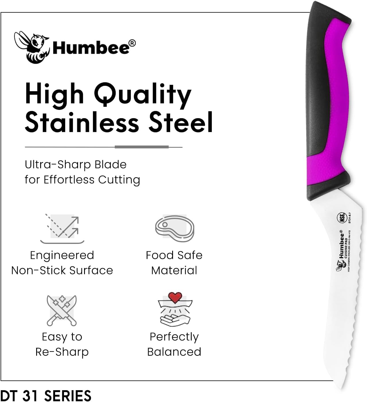 8-Inch Offset Serrated Bread Knife, Premium High Carbon Stainless Steel Blade Knife for Bread with Ergonomic Handle, NSF Certified, DT-31 Series, Black