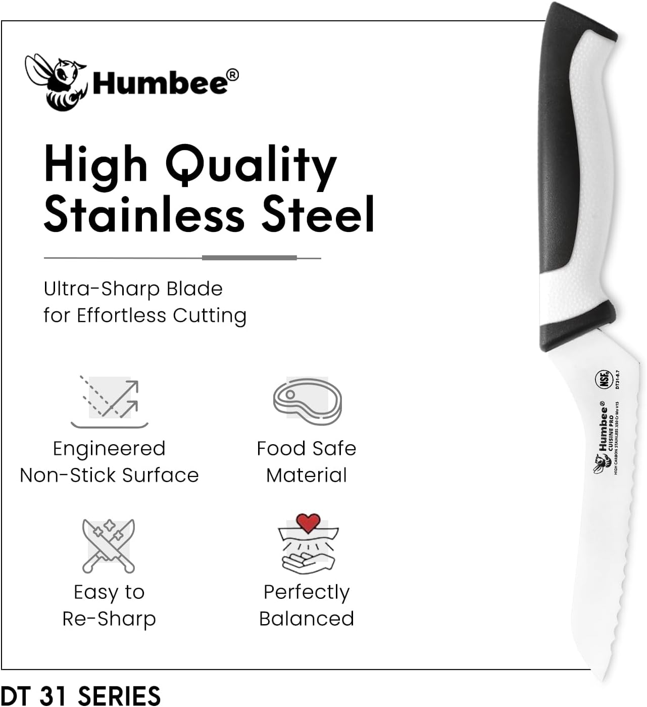8-Inch Offset Serrated Bread Knife, Premium High Carbon Stainless Steel Blade Knife for Bread with Ergonomic Handle, NSF Certified, DT-31 Series, Black