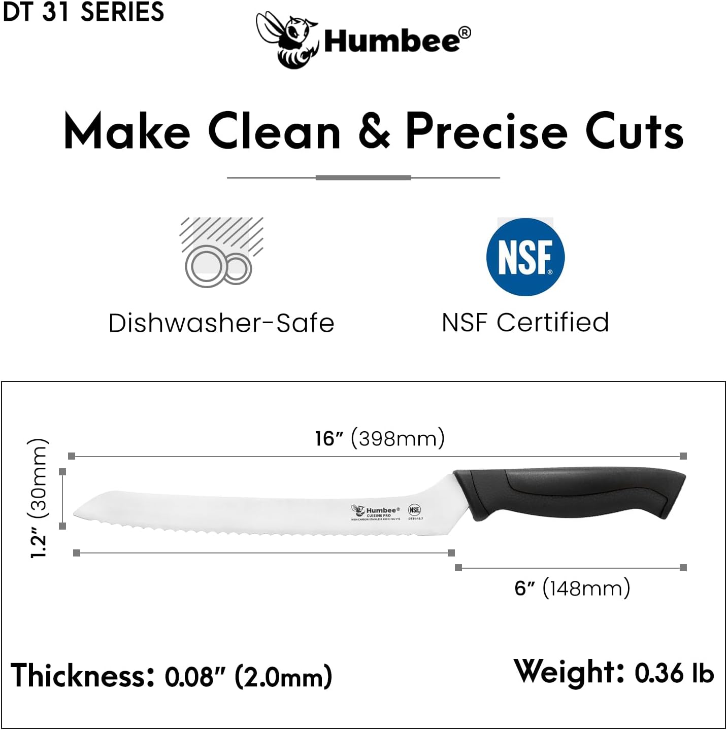 8-Inch Offset Serrated Bread Knife, Premium High Carbon Stainless Steel Blade Knife for Bread with Ergonomic Handle, NSF Certified, DT-31 Series, Black