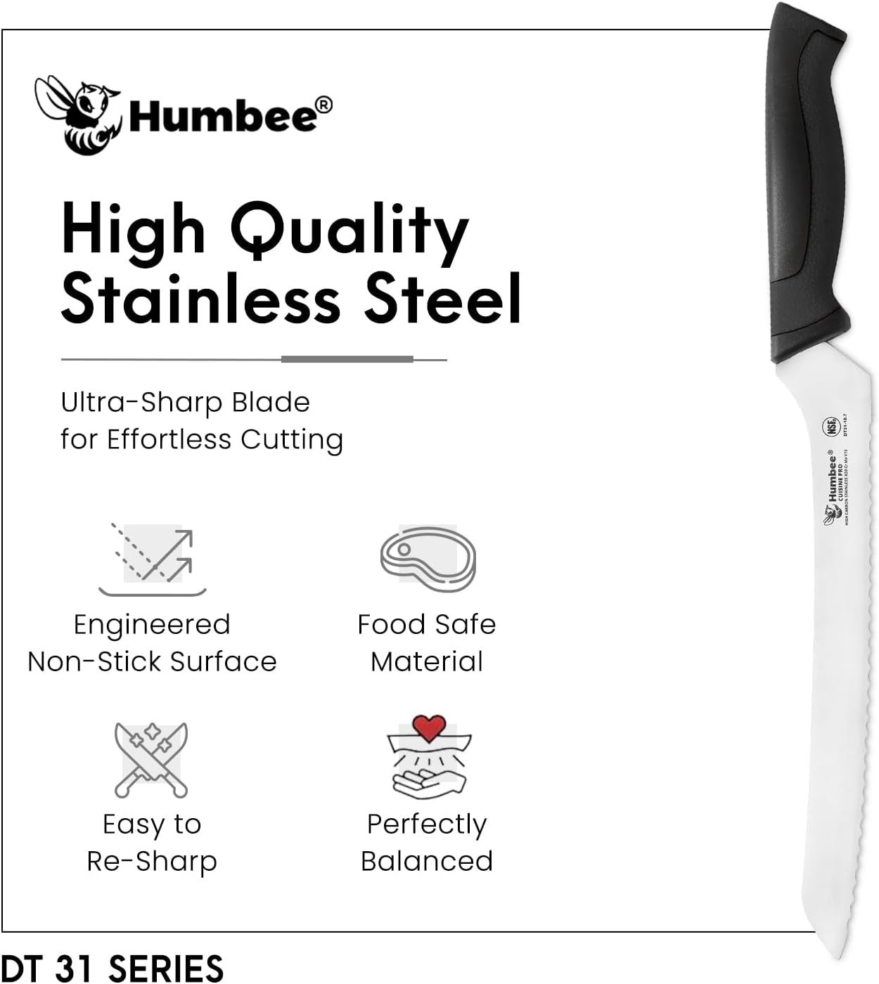 8-Inch Offset Serrated Bread Knife, Premium High Carbon Stainless Steel Blade Knife for Bread with Ergonomic Handle, NSF Certified, DT-31 Series, Black