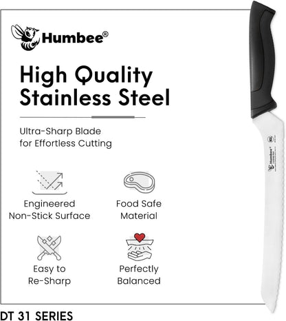 8-Inch Offset Serrated Bread Knife, Premium High Carbon Stainless Steel Blade Knife for Bread with Ergonomic Handle, NSF Certified, DT-31 Series, Black