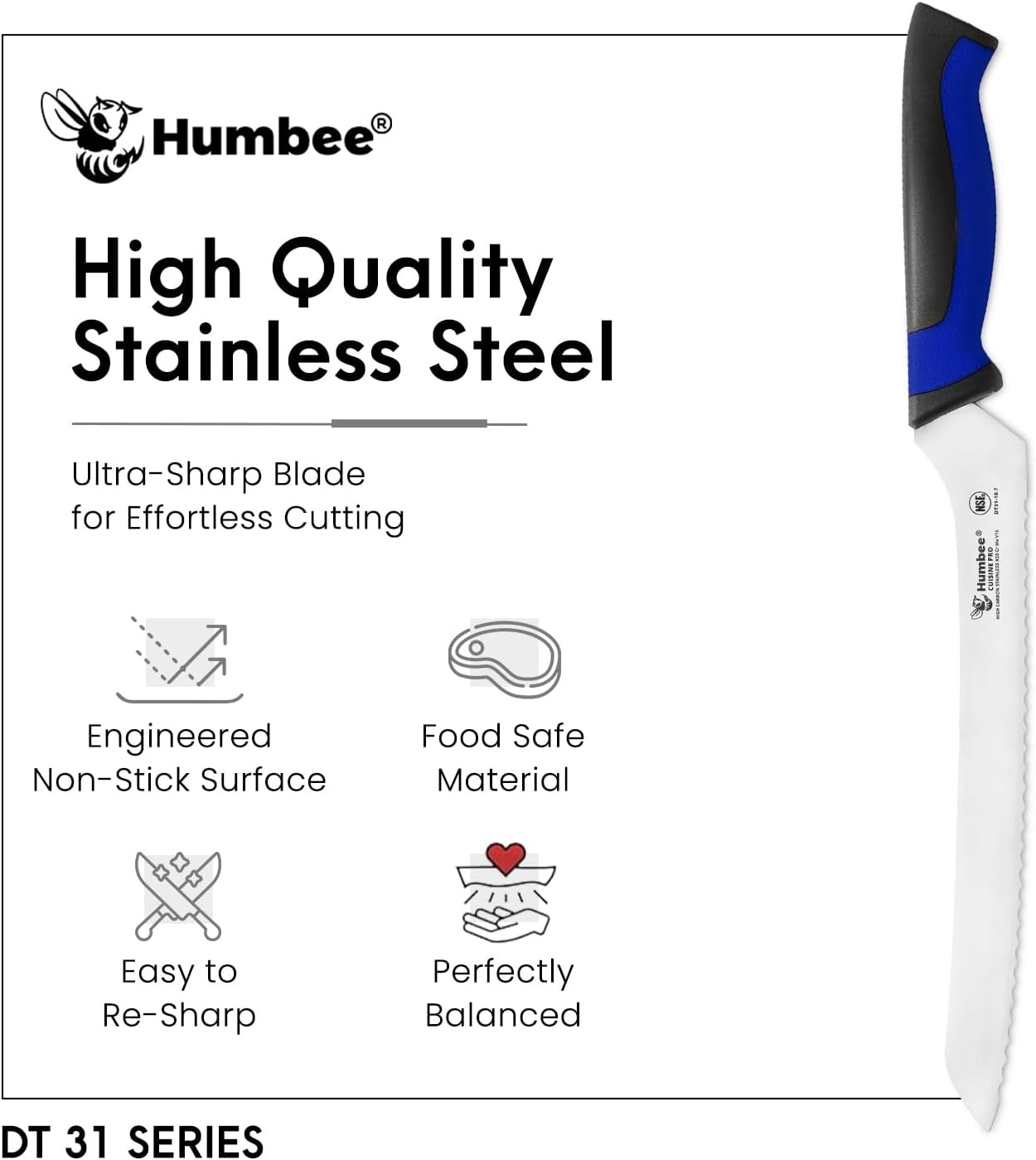 8-Inch Offset Serrated Bread Knife, Premium High Carbon Stainless Steel Blade Knife for Bread with Ergonomic Handle, NSF Certified, DT-31 Series, Black