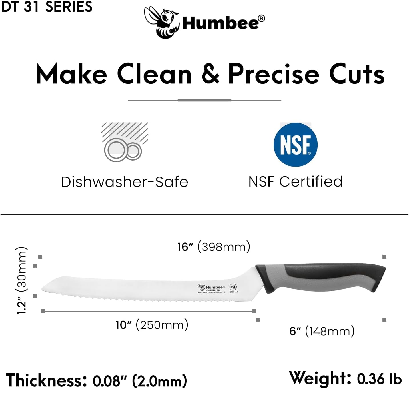 8-Inch Offset Serrated Bread Knife, Premium High Carbon Stainless Steel Blade Knife for Bread with Ergonomic Handle, NSF Certified, DT-31 Series, Black