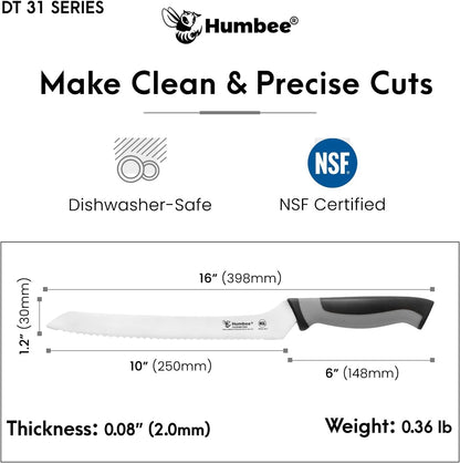 8-Inch Offset Serrated Bread Knife, Premium High Carbon Stainless Steel Blade Knife for Bread with Ergonomic Handle, NSF Certified, DT-31 Series, Black