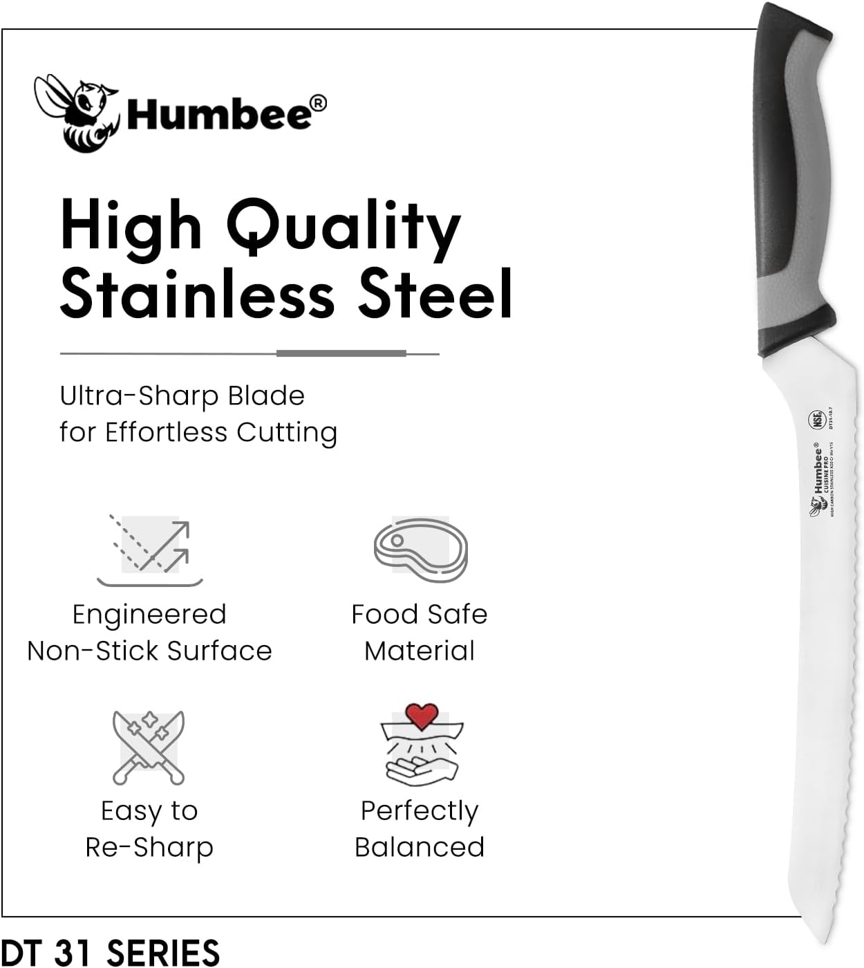 8-Inch Offset Serrated Bread Knife, Premium High Carbon Stainless Steel Blade Knife for Bread with Ergonomic Handle, NSF Certified, DT-31 Series, Black